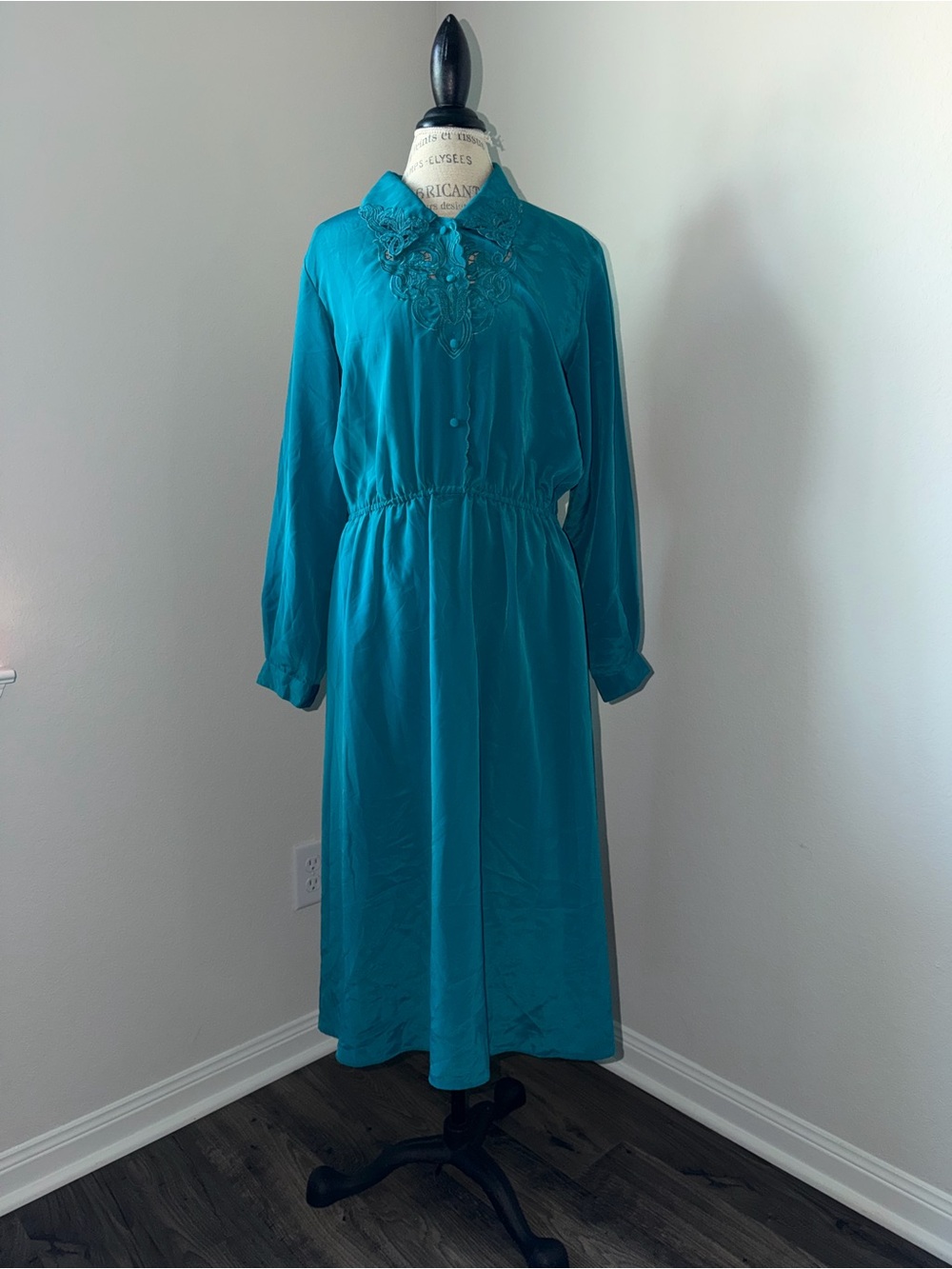 Teal Long-Sleeve Collared Dress with Embroidered Yoke